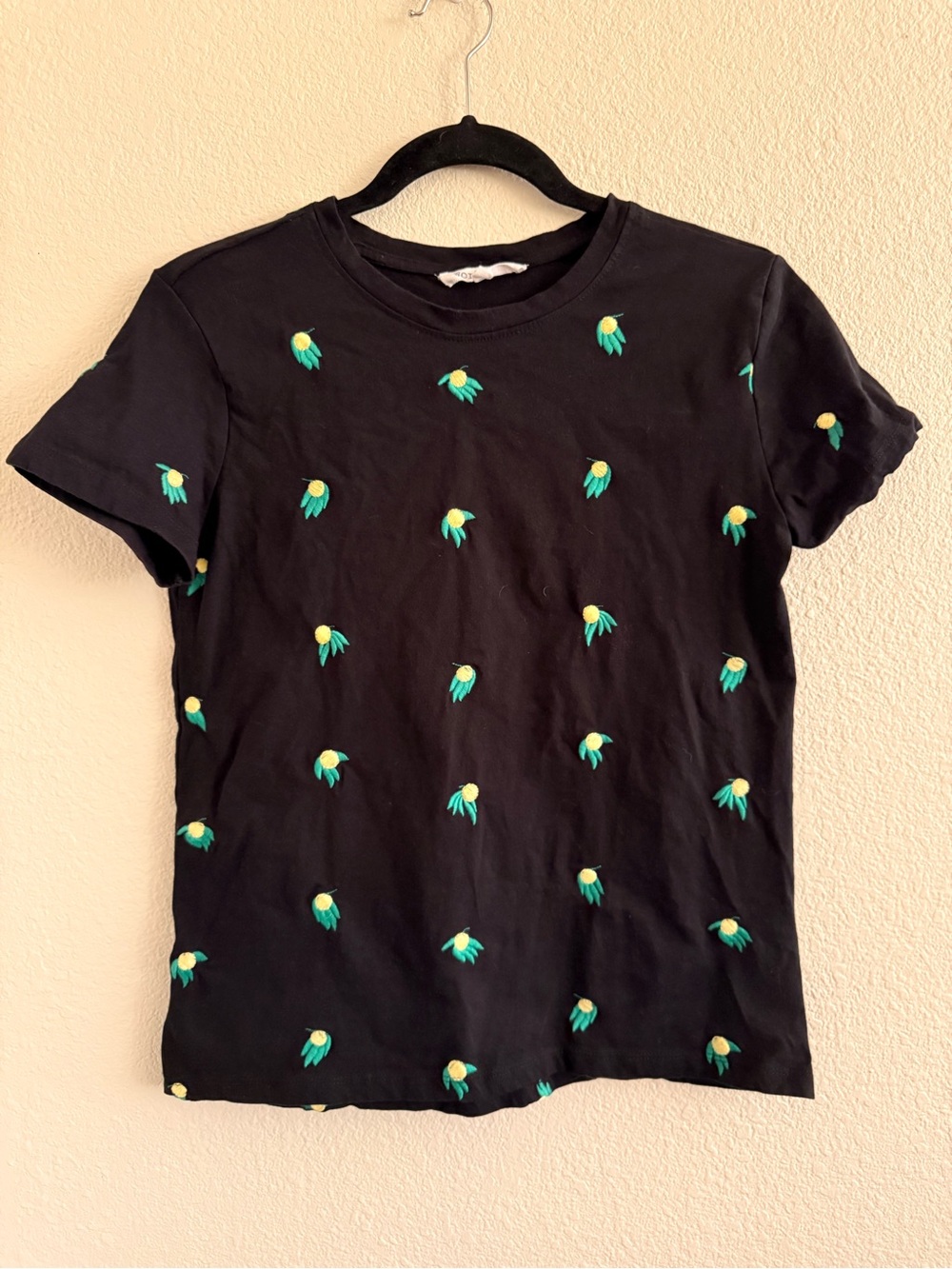Workshop Republic Clothing Black Tee with Green & Yellow Embroidered Buds